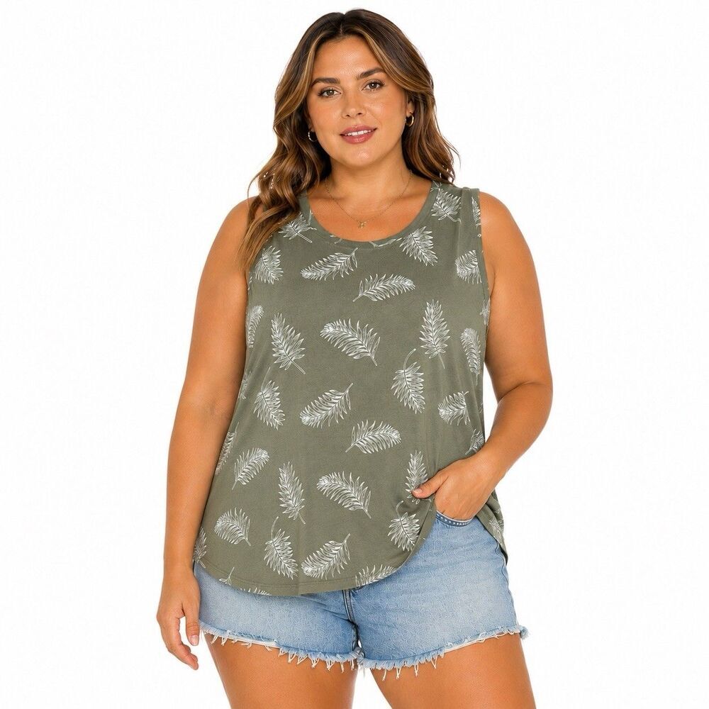 C&C California Olive Green Feather Tank XL NWOT Boho Coastal Chic Cotton Rayon